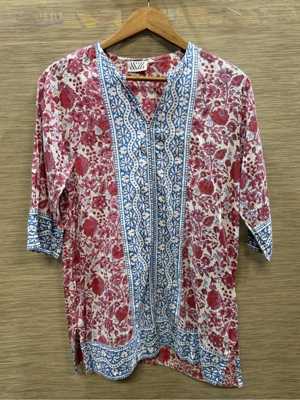 SZ Blockprints Red Floral Print Tunic Top 3/4 Sleeves Cotton Women’s M